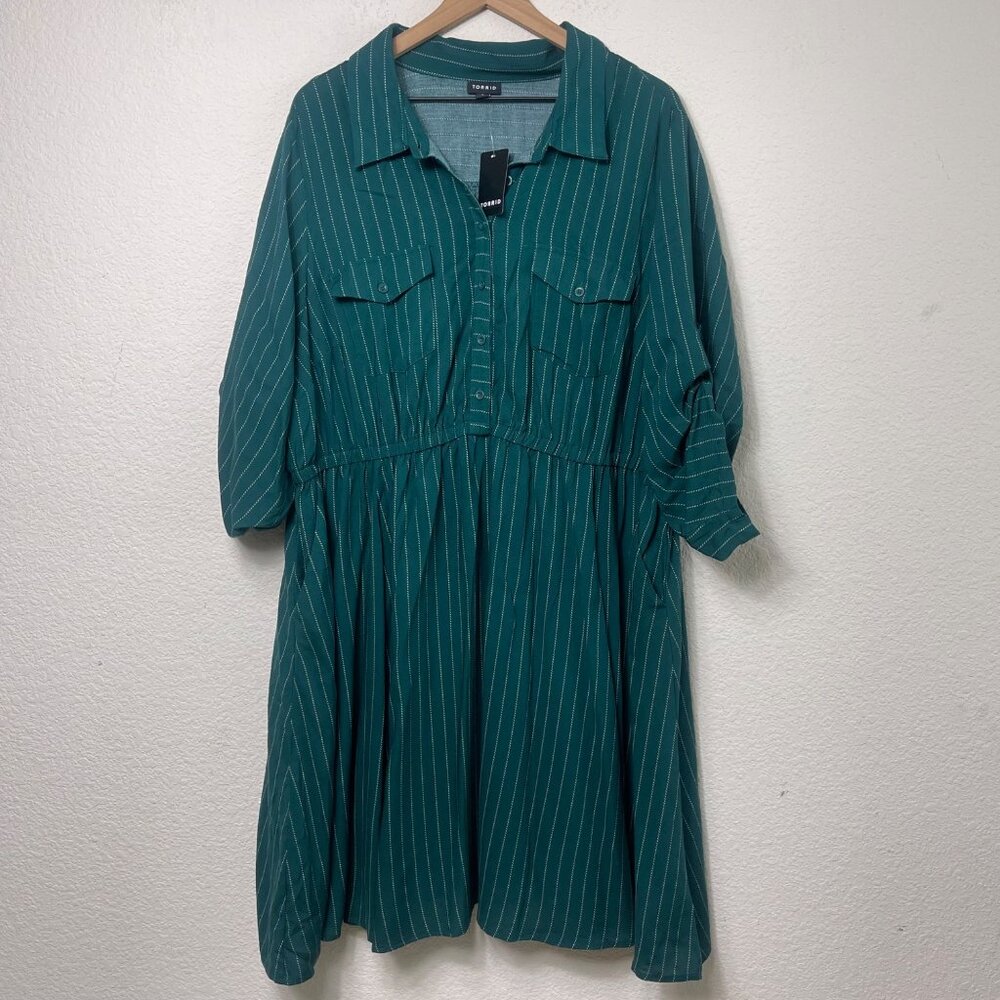 Torrid Women’s Shirt Dress Size 3/3X Green White Stripes Button-Up NWT - Picture 3 of 10